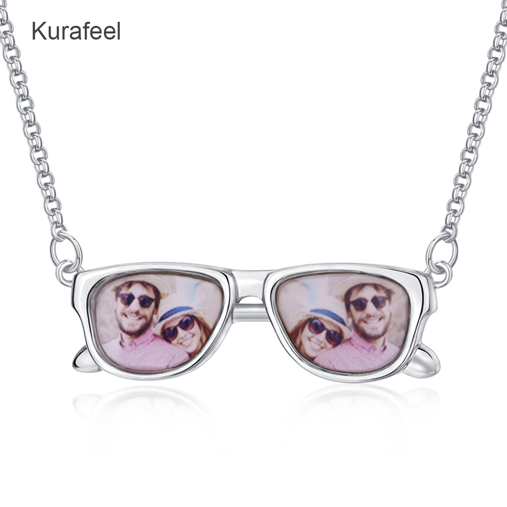 Women Glasses Shape Photo Necklace 925 Sterling Silver Necklace